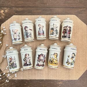 M.J. Hummel Porcelain Spice‎ Jars “Children” W /Lid 24K Gold Trims Vintage 10 Pc